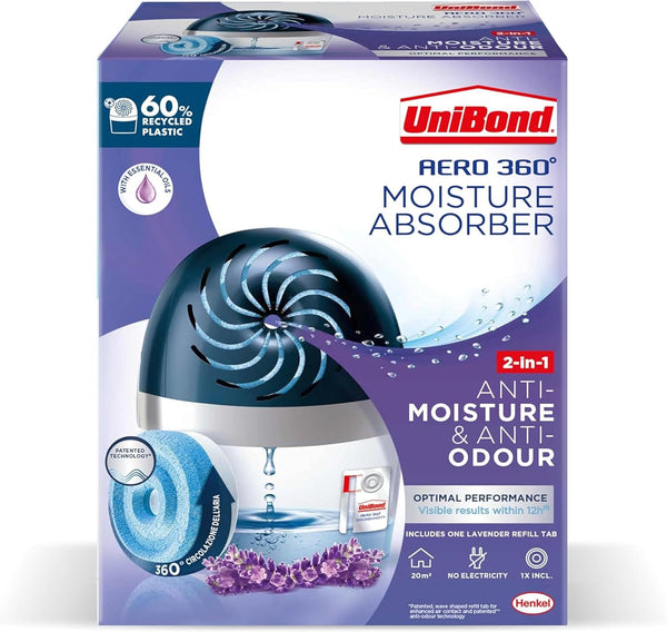 Unibond AERO 360º Moisture Absorber, 1 Device Incl. 1 Refill Tab 450G, Ultra-Absorbent Dehumidifier, Helps to Prevent Condensation, Mould & Musty Smells, Recyclable, Refillable Condensation Absorber