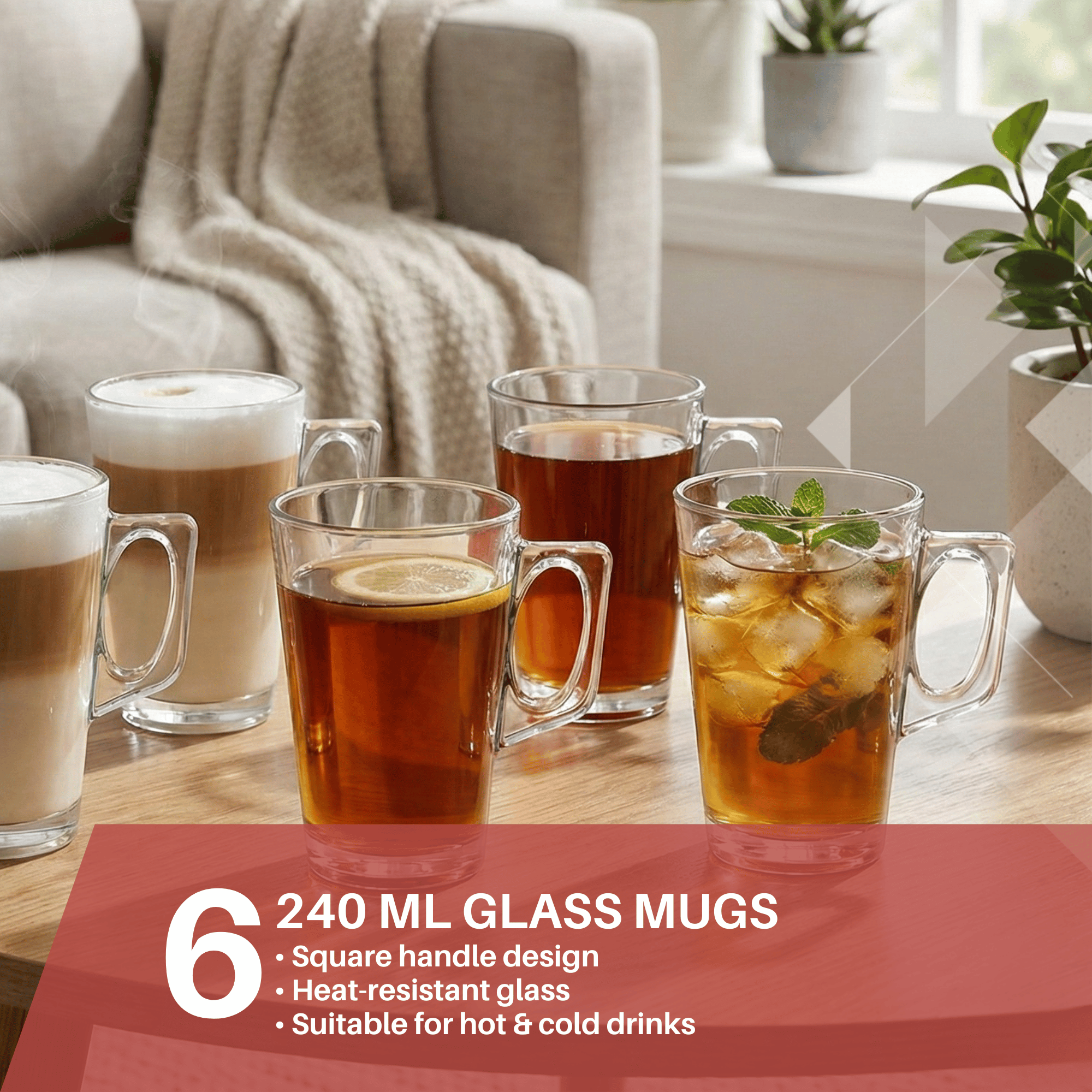 Set of 6, 12-Piece Clear Latte Glass Set 240ml – Temperature-Resistant Coffee, Tea & Dessert Mugs with Handle