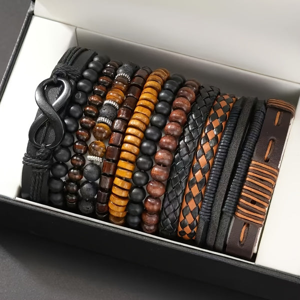 12pcs Men'S Bohemian Vintage Bracelet Set| Faux Leather Woven with Tiger Eye& Moonstone Beads| Multi-Layer Stackable Design| Casual& Party Jewelry| Trendy Boho Chic Accessories, Casual Attire, Gift for Men, Bohemian Style, Handcrafted Bracelets