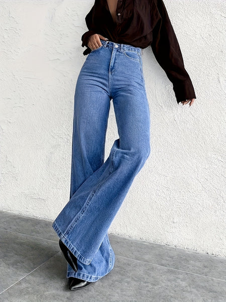 High-Waisted Mid-Blue Stretchy Denim Slightly Flared Pants That Enhance The Buttocks And Create a Effect in a European Style
