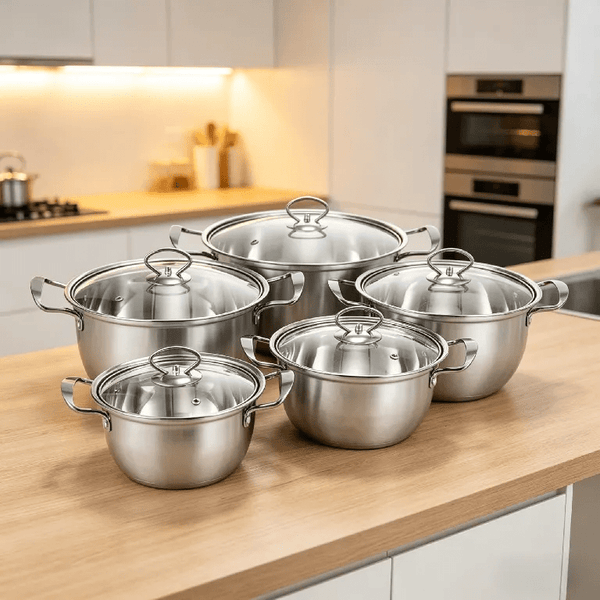 kitchen 5pcs Stainless Steel Pot Professional Induction-Safe Pot with Glass Lid Not-Sticky Hot Pot Double Ear Soup Pot