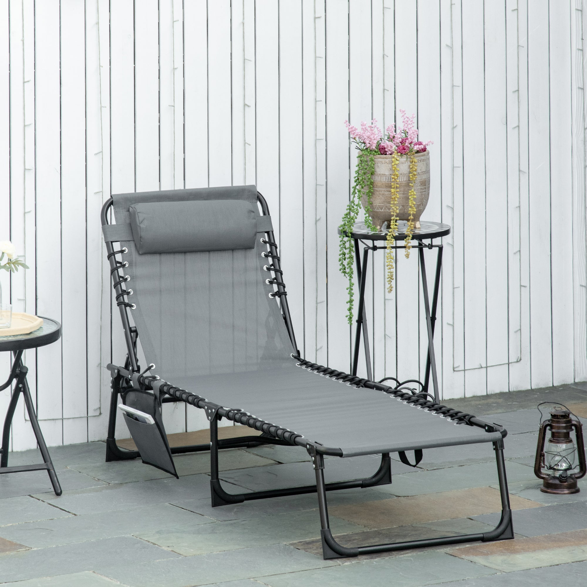 Portable Sun Lounger, Folding Camping Bed with Side Pocket and Pillow for Patio