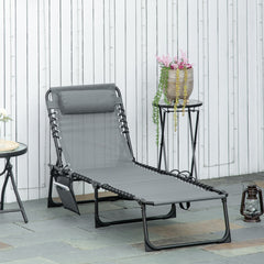 Portable Sun Lounger, Folding Camping Bed with Side Pocket and Pillow for Patio