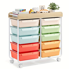 KINGRACK 10 Tier Office Rolling Storage Cart with Large Drawers, Mobile Organizer with Tabletop, Multi-Purpose Utility Cart for Home, Office, And Classroom, Easy to Move with Wheels, Storage Drawer Units
