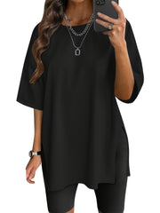 3pcs Oversized Women'S Loose Top Round Neck Casual Basic Shirt Fashion Side Slit Loose Short Sleeve T-Shirt