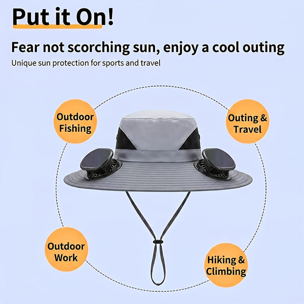 2026 New Summer Outdoor Solar Fan Hat, Dual-Fan Design with a Wide Large Brim, USB Rechargeable And Featuring Long-Lasting Battery Life, Suitable for Camping, Hiking, Fishing And All Kinds of Outdoor Activities