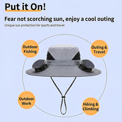 2026 New Summer Outdoor Solar Fan Hat, Dual-Fan Design with a Wide Large Brim, USB Rechargeable And Featuring Long-Lasting Battery Life, Suitable for Camping, Hiking, Fishing And All Kinds of Outdoor Activities