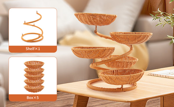 Multi-Layer Fruit Basket Stand, Creative Snack & Bread Storage Tray, Faux Rattan Handwoven Serving Basket for Fruits, Vegetables & Desserts, Lightweight Decorative Organizer for Kitchen & Living Room