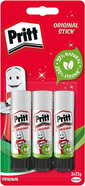 Pritt Glue Stick, Safe & Child-Friendly Craft Glue for Arts & Crafts Activities, Strong-Hold Adhesive for School & Office Supplies, 22 G (Pack of 3)