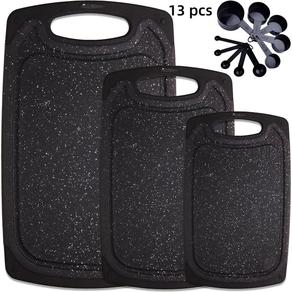 3-piece/13-piece/18-piece/28-piece Cutting Board Set (includes 15 S-shaped hooks, 10 measuring cups, and 10 measuring spoons), Kitchen Plastic Cutting Board, Non-slip Cutting Board with Handle, Juicing Groove and Grinding Groove, Suitable for Meat