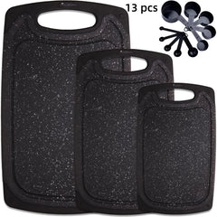 3-piece/13-piece/18-piece/28-piece Cutting Board Set (includes 15 S-shaped hooks, 10 measuring cups, and 10 measuring spoons), Kitchen Plastic Cutting Board, Non-slip Cutting Board with Handle, Juicing Groove and Grinding Groove, Suitable for Meat