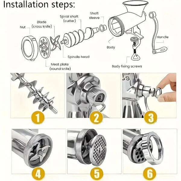 6-in-1 Manual Meat Grinder Aluminum Alloy Sausage Filling Machine Wooden Handle Meat Grinder for Meat and Vegetable Grinding and Sausage Filling