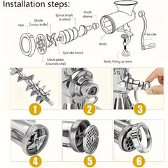 6-in-1 Manual Meat Grinder Aluminum Alloy Sausage Filling Machine Wooden Handle Meat Grinder for Meat and Vegetable Grinding and Sausage Filling
