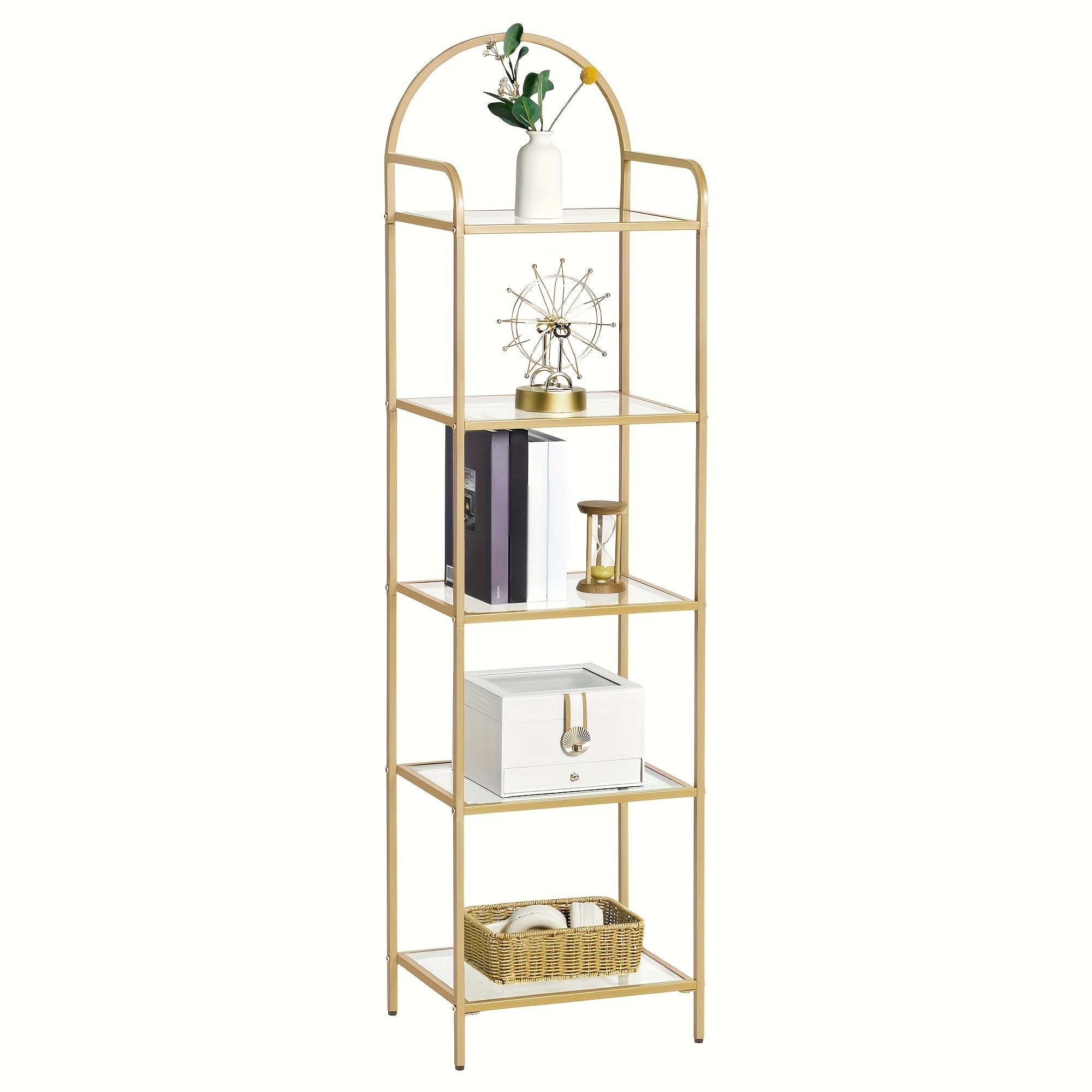 Bookcase Bookshelf, Tempered Glass Bookshelves, Slim Shelving Unit for Bedroom, Bathroom, Home Office, Steel Frame, 5 Tier Golden