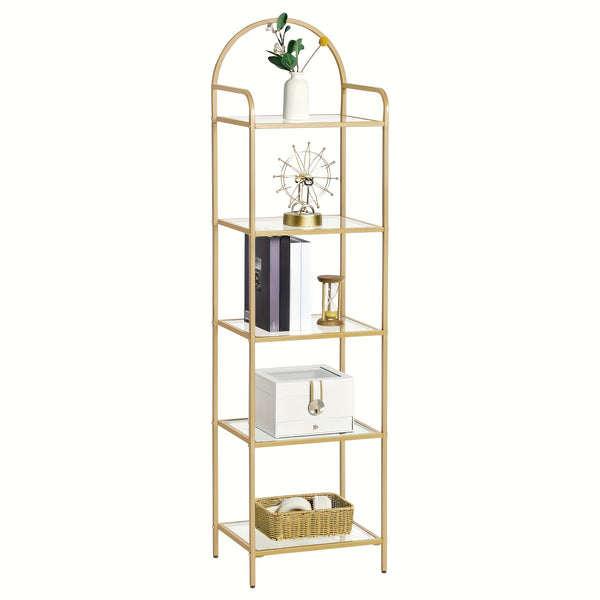 Bookcase Bookshelf, Tempered Glass Bookshelves, Slim Shelving Unit for Bedroom, Bathroom, Home Office, Steel Frame, 5 Tier Golden