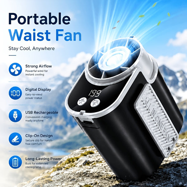 Portable Wearable Belt Fan with AI Oscillation & Flashlight - Clip-On Hands-Free Cooling System Suitable for Camping, Hiking, Night Shift, /Outdoor Use, - Fan for and Night Patrols