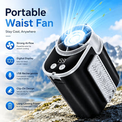Portable Wearable Belt Fan with AI Oscillation & Flashlight - Clip-On Hands-Free Cooling System Suitable for Camping, Hiking, Night Shift, /Outdoor Use, - Fan for and Night Patrols
