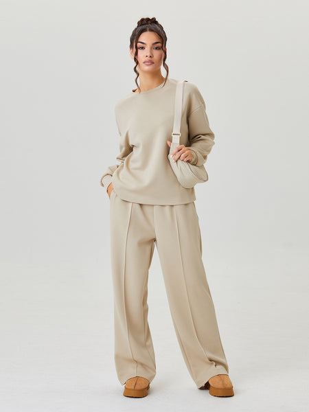 Women'S Minimalist Round Neck Loose Top And Exposed Stitch Trousers Co-Ord, Soft Womenswear