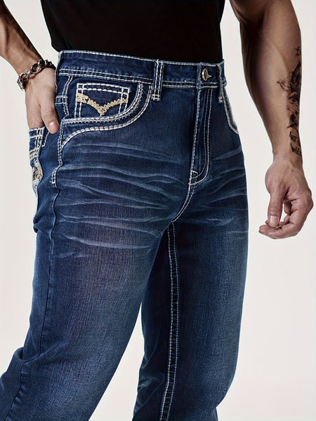 Men'S Elastic Washed Denim Jeans with Thick Line Embroidery on The Front And Back Pockets
