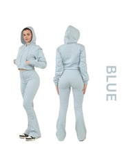ZIPLORE Women'S Cropped Zip Hoodie and High-Waisted Bell Bottom Trousers Lounge Set for Casual, Athleisure & Streetwear - Suits, Womenswear Long Sleeve Minimalist Suits Womenswear Comfort Adjustable Clothing Drawstring Elegant Everyday Chic Loungewear Mat