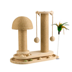 Solid Wood Cat Scratch Pole Cat Turntable, Cat Spring Teasing Stick, Cat Scratch Board, Durable and Wear-resistant Cat Toys, Sisal Cat Climbing Frame, Bell Ball, Oval Mushroom Turntable