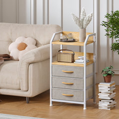 Industrial Rustic End Table with Storage - Nightstand with 3 Fabric Drawers & 2 Shelves, Wood & Metal Bedside Table Suitable for Bedroom, Living Room, Small Spaces - Assembly, Space-Saving