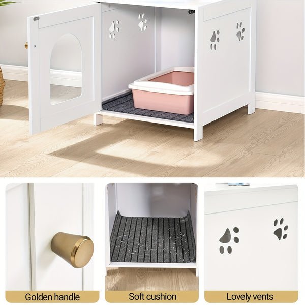 Cat Litter Box Enclosure, 54.86cm L Hidden Litter Box Furniture, Wooden Indoor Pet House With Front Arched Door, Side End Table, Nightstand For Living Room, Bedroom, White