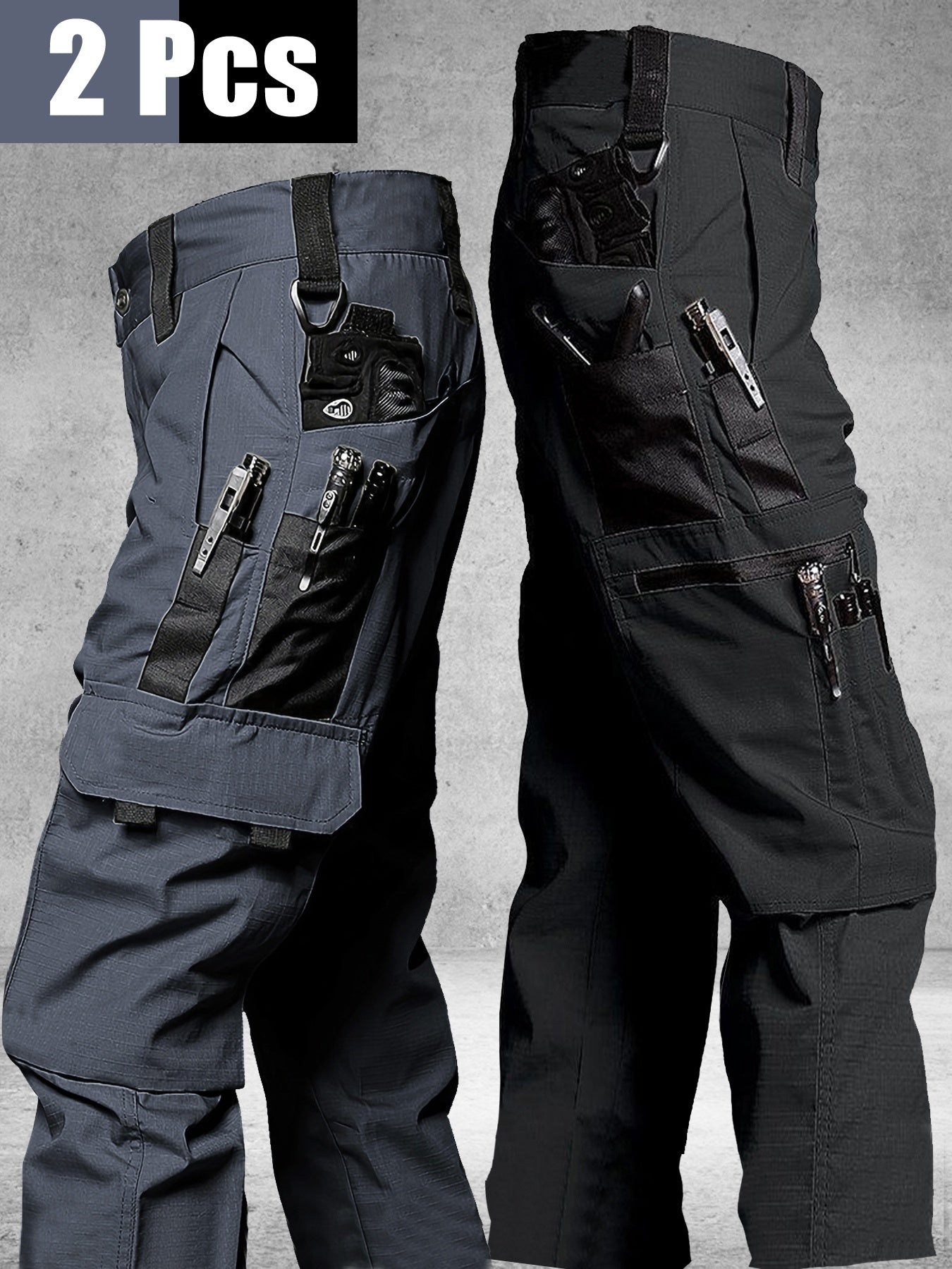 2pcs Men's Tactical Cargo Pants, Durable Multi-Pocket Work Pants for Outdoor Construction Work, Hiking And Trekking, Casual Tactical Pants | Adjustable Waist Pants | Hiking Gear (No Belt)
