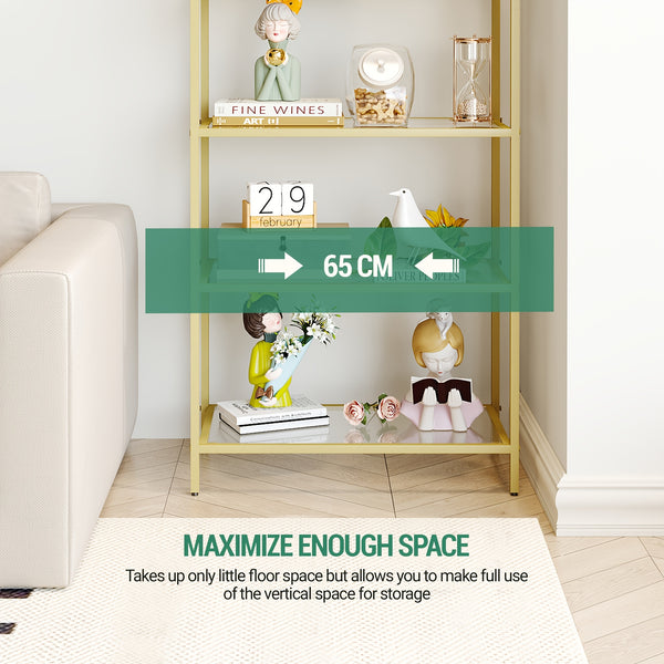 6 Tier Bookcase Bookshelf, Tempered Glass Bookshelves, Slim Shelving Unit for Bedroom, Bathroom, Home Office, Steel Frame, Golden