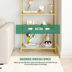 6 Tier Bookcase Bookshelf, Tempered Glass Bookshelves, Slim Shelving Unit for Bedroom, Bathroom, Home Office, Steel Frame, Golden