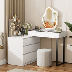 Corner Vanity Desk With Mirror And LED Lights - White Makeup Vanity Table With Clear Glass Top Jewelry Storage Rack And 5 Drawers