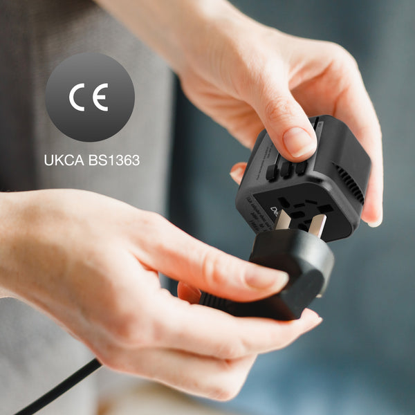 Desiretech Travel Adaptor 4-in-1 Universal Plug Adapter with USB-A, USB-C, Phone Docking - Compact UK to World Adaptor, Double Fuse Protection - Perfect for Europe, USA, Asia & Beyond