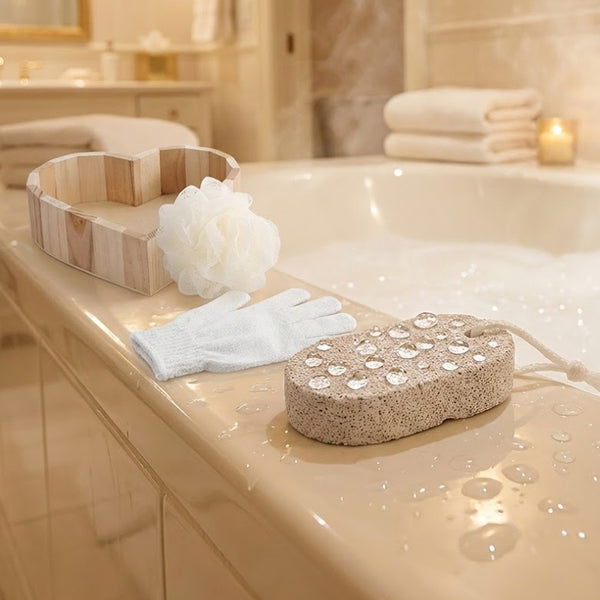 Boxed Heart-Shaped Bath Set - A wooden spa gift kit for bathrooms, featuring a heart-shaped wooden bucket. Includes a loofah, pumice stone, massager, and brush. This natural relaxation and body care kit is ideal for home use and bathroom decoration.