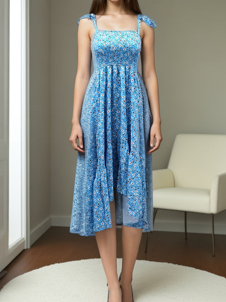 Women's suspender patchwork printed irregular strapless dress