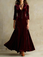 Chic Long Dress with a Lapel Collar, Featuring Three-Quarter Sleeves And a Vintage Full Skirt. Perfect for Autumn And Winter Office Wear, Retro Gatherings, Casual Outings, And Light Social Events