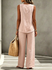 Spring Summer Women's Matching 2pcs Sets, V-Neck Sleeveless Button Top & Flowy Wide Leg Pants, Casual Resort Style Loungewear, Perfect for Summer Holiday, Staycation & Casual Outings, Holiday Essential