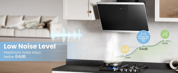 Midea COMFEE' 60cm Angled Cooker Hood Energy Class A++ - Tempered Glass Extractor Hood with Touch Screen, LED Lights, Recirculating & Ducting System, Wall-Mounted Black Kitchen Fan, A Must-Have for Every Home Kitchen