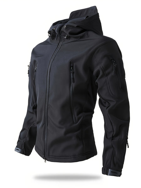 Men'S Winter Soft Shell Jacket with a Hood, Featuring Pockets And a Solid Color, Suitable for Outdoor Wear