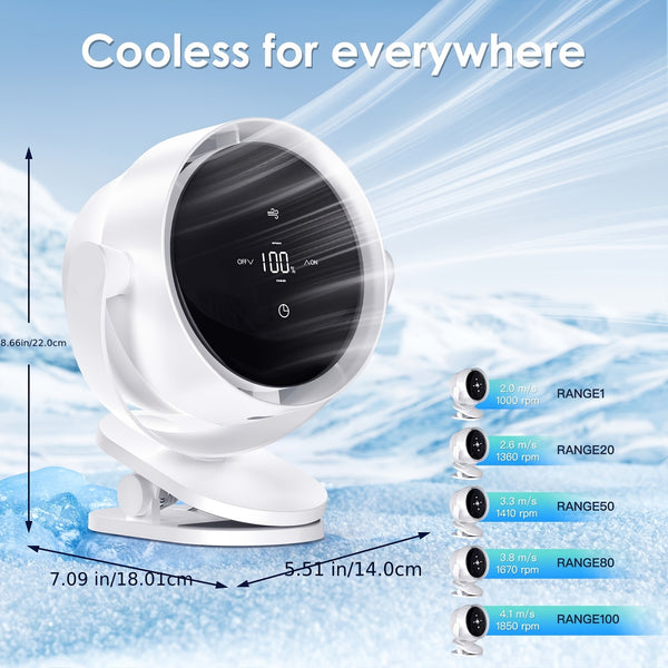 Portable Clip-On Desk Fan F7 - 4000mAh Battery, 2.5-16H Runtime, 100-Speed Touch Control, 360° Rotation, Natural Wind/Timer Modes for Office, Bedroom, Travel - Lightweight 550g