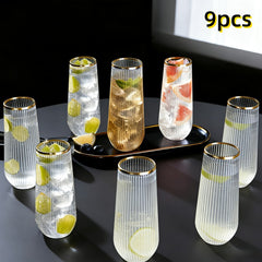 9pcs Golden Rim Striped Plastic Champagne Flutes, 9oz Stemless Clear Cocktail Glasses, Ideal for Weddings, Engagements, Birthday Parties, Graduations, Anniversaries, Catering Events, Thanksgiving, Valentine's Day, Proposals, Wine, Champagne, Mimosa