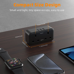 baykul Multifunctional UK Plug Socket with 2 Standard UK Sockets, 2 Schuko Sockets, 3 USB Ports, Max 3250W, Surge Protection, Fire-Resistant Material, Compact and Lightweight for Home/Office/Travel Use ideal for Christmas travel