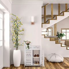 4-Tier White Modern Storage Cabinet with Double Doors - Heavy-Duty MDF/MDF-like Softwood, Shoe & Bookshelf Organizer, -Standing Furniture for Living Room, Bedroom - Space-Saving Vertical Cabinet (No Metal Parts
