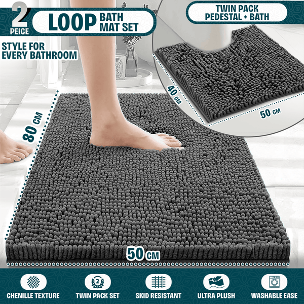 2-Piece Loop Bathroom Mat Set | Soft Chenille Microfiber Rugs with Non-Slip Backing | Machine Washable | Includes 50x80cm Bath Mat & 50x40cm Pedestal Mat | Stylish, Comfy & Durable | UK STOCK | LOCAL WAREHOUSE