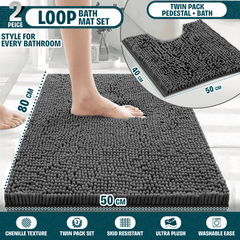 2-Piece Loop Bathroom Mat Set | Soft Chenille Microfiber Rugs with Non-Slip Backing | Machine Washable | Includes 50x80cm Bath Mat & 50x40cm Pedestal Mat | Stylish, Comfy & Durable | UK STOCK | LOCAL WAREHOUSE