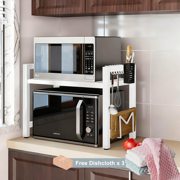 3-Tier Expandable Microwave Oven Rack with 6 Hooks And 3 Towel Racks, Includes a Chopstick Holder, Cutting Board Holder, Spice Rack, And Kitchen Storage Rack. Suitable for Kitchens, Offices, And Storage Rooms. Extends 40-64 Cm (Black, White)