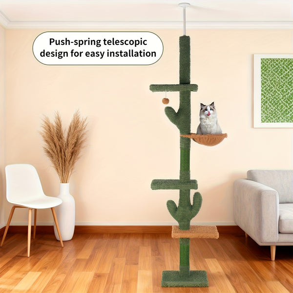Cactus Cat Tree Floor to Ceiling Cat Tower with Adjustable Height 229Cm-275Cm, 4 Tiers Cat Climbing Activity Center with Cozy Hammock, Platforms And Dangling Balls, Green