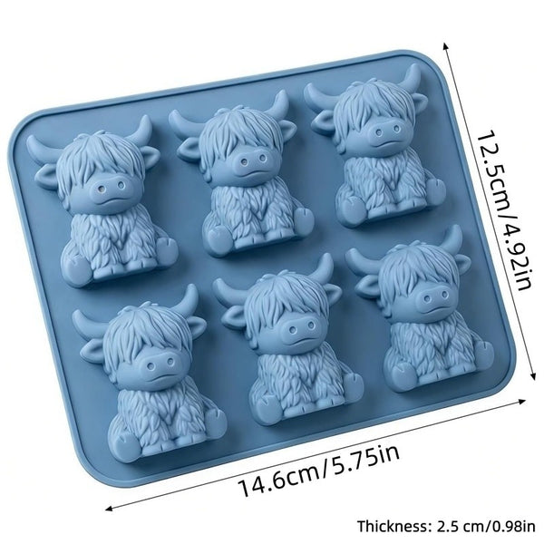 3pcs Mini Highland Cow Ice Cube Trays with 6-Cavity Reusable Silicone Mold Suitable for Whiskey, Cocktails, Chocolate & Candy Making, Adorable Scottish Cow Shaped Ice Cubes for Parties, Picnics, Dessert Molds