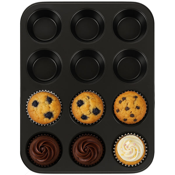 ANGIX 6 & 12 Cup Muffin Tray Nonstick - Dishwasher Safe Cupcake Tins for Baking | Non-Stick Pan Muffin Trays, Baking Mould for Muffins or Cupcakes, Bakeware - (Black)
