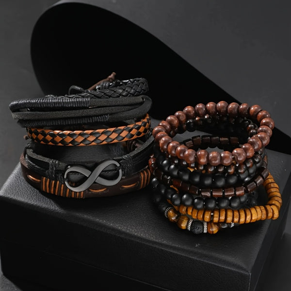 12pcs Men'S Bohemian Vintage Bracelet Set| Faux Leather Woven with Tiger Eye& Moonstone Beads| Multi-Layer Stackable Design| Casual& Party Jewelry| Trendy Boho Chic Accessories, Casual Attire, Gift for Men, Bohemian Style, Handcrafted Bracelets