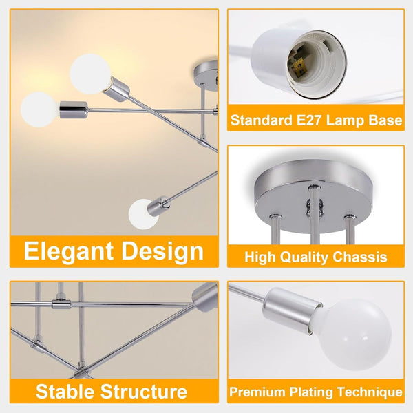 6-Light Modern Gold Sputnik Chandelier, Industrial Semi Flush Mount Ceiling Light Fixture, E27 Hardwired Metal Lamp for Living Room Dining Room